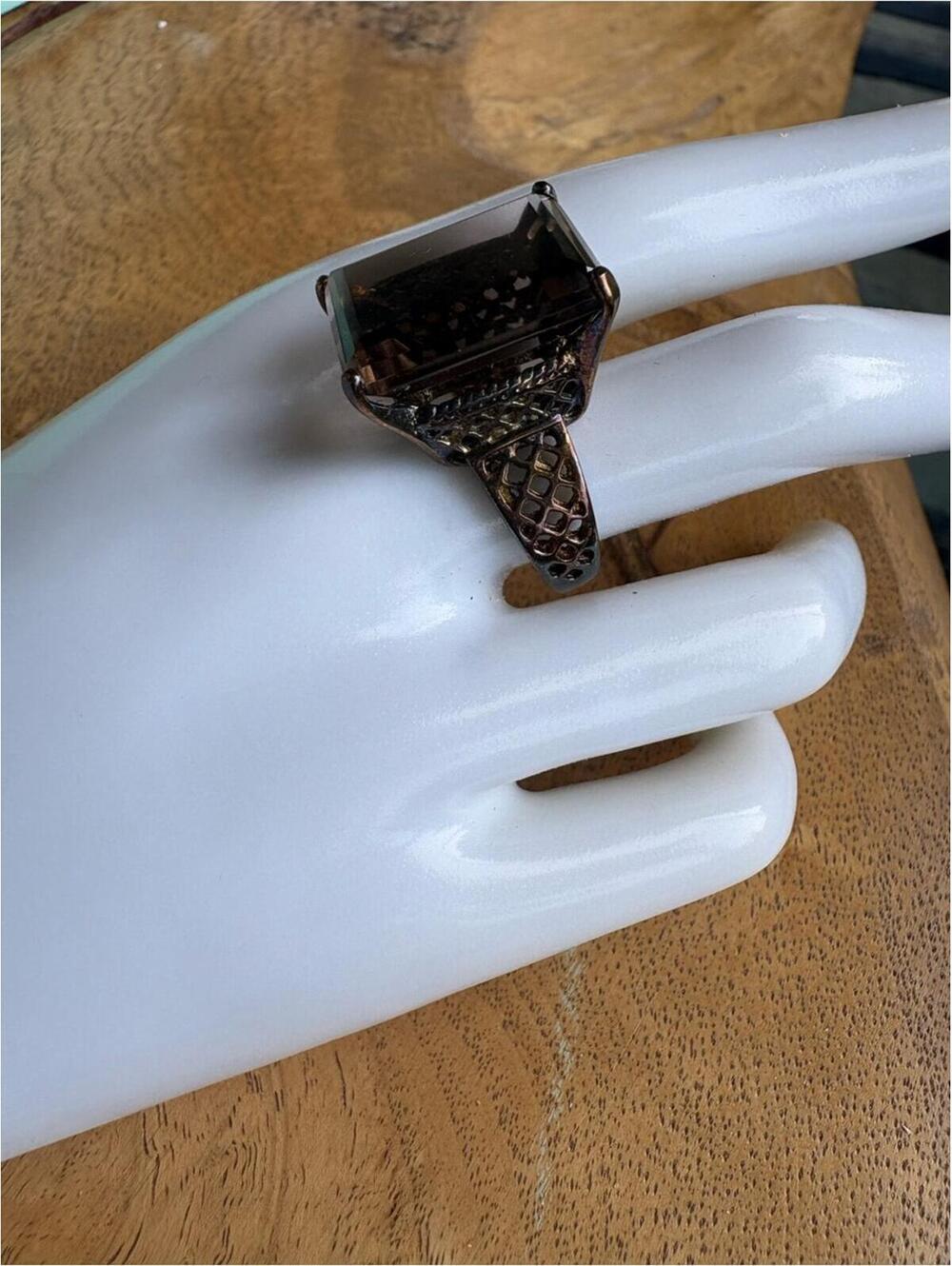 Smoky Quartz-Style Blackened Silver Cocktail Ring